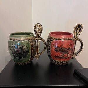 Pair Of Always Azul Pottery Villa Grove Colorado Bear Moose Mugs Cups Spoons